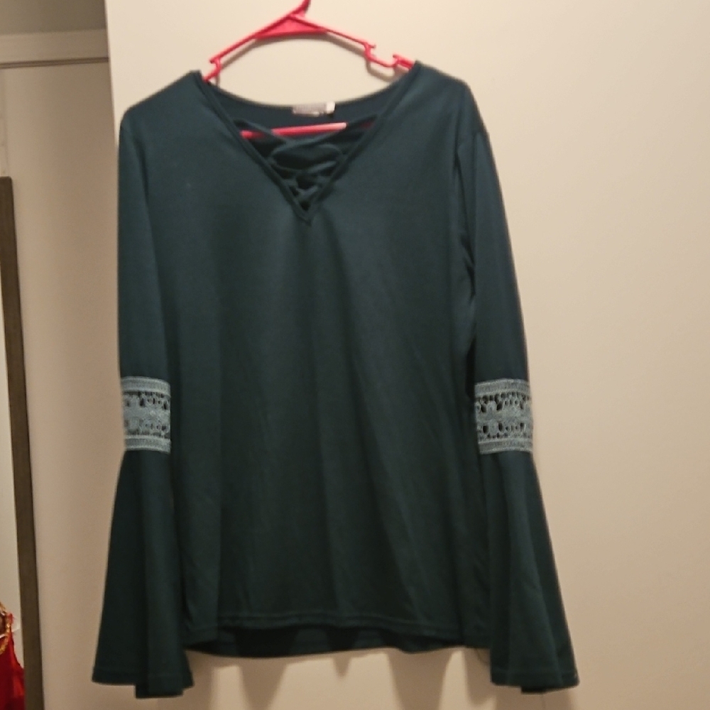 EARTHBOUND Dark Teal Long Sleeve Top with Lace Detail
